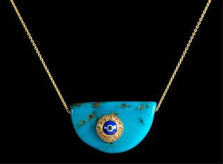 18K YG Turquoise & Diamond Pendant Necklace