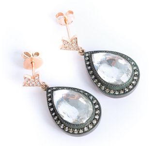Pair, 14K Rose Gold Diamond Teardrop Earrings