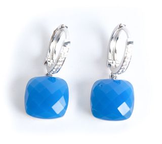 Pair, 14K WG & Blue Quartz  Diamond Earrings