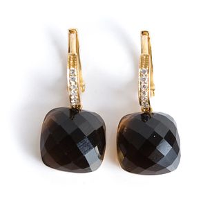 Pair, 14K YG Diamond & Smoky Quartz Earrings