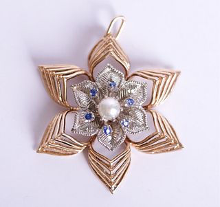 Vintage 14K WG YG Sapphire & Pearl Pendant