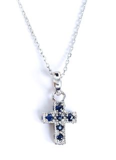 14K White Gold Sapphire Cross Pendant Necklace