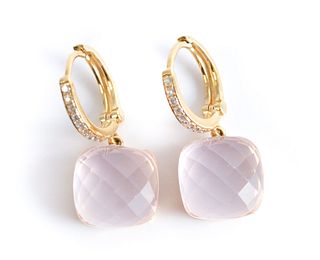 Pair, 14K YG Diamond & Pink Amethyst Earrings