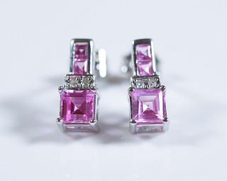 Pair, 10K Diamond & Pink Sapphire Earrings