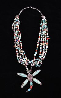 Navajo Leonard Martza Dragonfly Inlaid Necklace