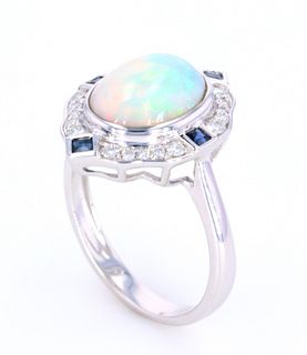 Art Deco Style Opal Sapphire & Diamond 14K Ring