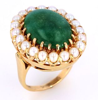 1940's Jadeite & Pearl 14K Gold Ring w/ Papers