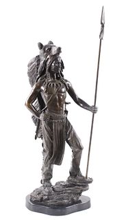 Indian Brave Bronze Statue with Bear Headdress