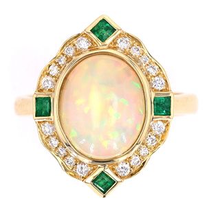 Art Deco Style Opal Emerald & Diamond 14K Ring