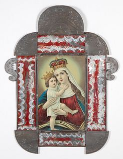 Tin Frame with Reverse Painted Glass and Devotional Print, ca. 1900
