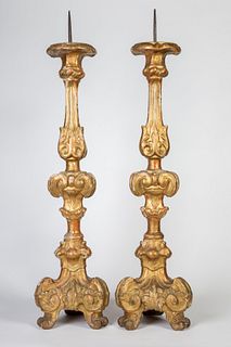 Italian, Pair of Large Carved Wood Gilt Candlesticks, 18th Century