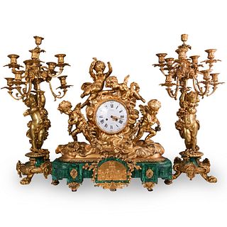 (3 Pc) 19th Cent. French Gilt Bronze and Malachite Clock Set