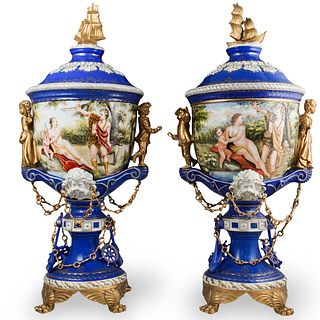 Pair Of Dresden Nautical Porcelain Urns