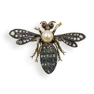 19th Ct Antique Mechanical Silver and Gold Wasp Brooch