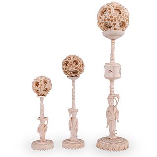 (3 Pc) Chinese Bone Carved Puzzle Balls