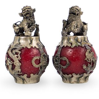 Pair Of Miniature Silver & Stone Foo Dogs
