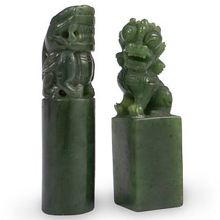 Pair Of Foo Dog Green Jade Seals