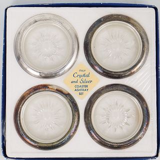 (4 Pc) Leonard Silver Plated Crystal Coaster Set