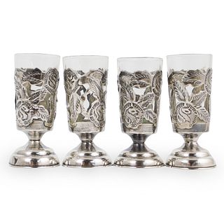 (4 Pc) Mexican Sterling Over Glass Cordial Cups