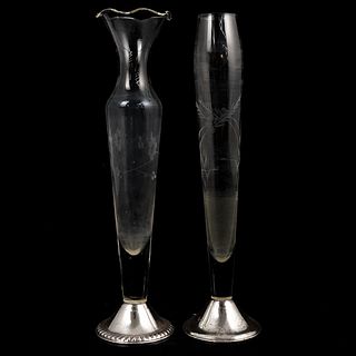 (2 Pc) Sterling and Glass Bud Vases