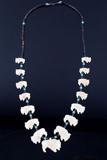 Navajo Bone & Heishi Buffalo Effigy Necklace