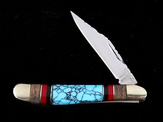 Navajo Turquoise & Coral Inlaid Buffalo Knife