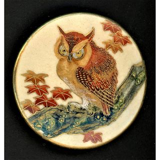 A DIVISION THREE FULL BODIED OWL SATSUMA POTTERY BUTTON