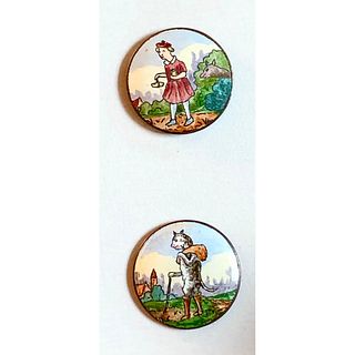 TWO DIVISION 1 ENAMEL BUTTONS WITH STORIES ON THEM
