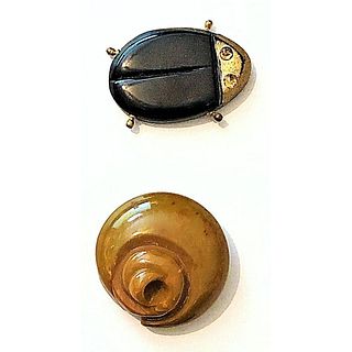TWO REALISTIC SHAPE DIVISION 3 BAKELITE BUTTONS