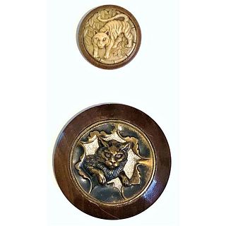 TWO DIV. 1 AND DIV. 3 WOOD CAT BUTTONS