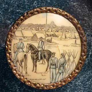 A RARE FRAMED AMERICAN BUTTON DEPICTING THE CIVAL WAR.