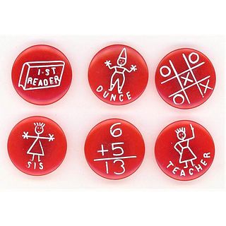 A SET OF 6 RED BAKELITE BUTTONS KNOWN AS THE SCHOOL SET