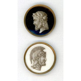 2 PORCELAIN BUTTONS SET IN METAL KNOWN AS LIVERPOOL TRANSFERS