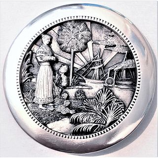 A BATTERSEA PEWTER FACE SHANK BUTTON WITH A SCENE
