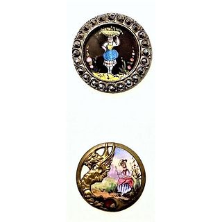 TWO LATE 19TH CENTURY POLYCHROME FIGURAL ENAMEL BUTTONS