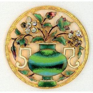 A PIERCED BRASS AND COLORFUL ENAMEL URN OF FLOWERS