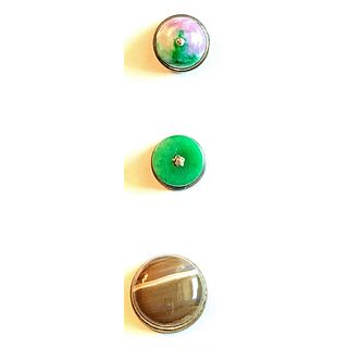 THREE COLORFUL GEMSTONE BUTTONS SET IN METAL