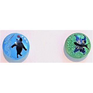 TWO COLORFUL MODERN PICTORIAL PAPERWEIGHT BUTTONS