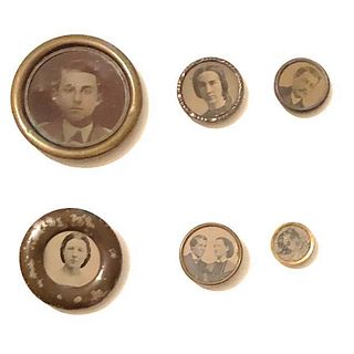 SIX DIVISION 1 TINTYPE BUTTONS OF WOMEN AND MEN