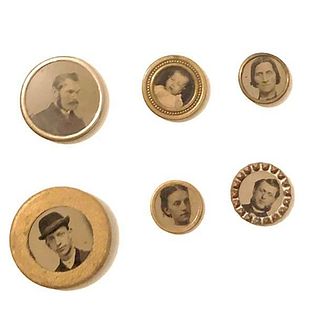 SIX DIVISION 1 TINTYPE BUTTONS OF WOMEN AND MEN