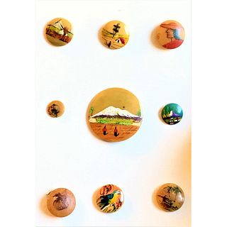 A GROUP OF 9 HAND PAINTED VEGETABLE IVORY BUTTONS