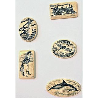 A GROUP OF 5 SCRIMSHAWED PLASTIC BUTTONS WITH SCENES
