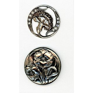 TWO SILVER FLORAL BUTTONS, 1 PIERCED AND 1 WITH PASTES