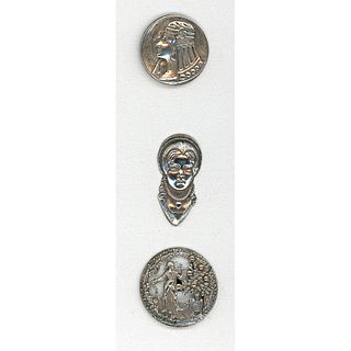 THREE SILVER BUTTONS OF PEOPLE INCLUDING A REALISTIC