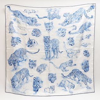 Hermes "Big Cats" Blue & White Silk Scarf