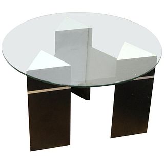 Postmodern Triangular Side Table w Round Glass Top