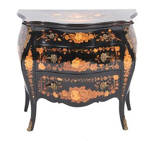 Lacquered Bombe Commode W Floral Marquetry