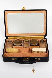 English Travel Vanity Box, Silver Lidded Jars