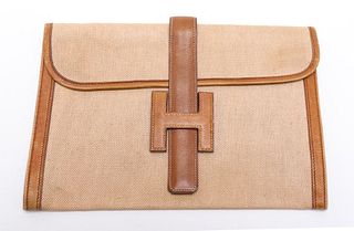 Hermes Style Leather & Beige Toile "Jige" Clutch