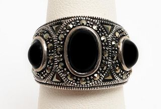 Tribal Silver Onyx & Marcasite Wide Ring